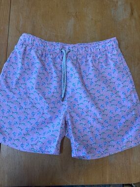 Pink Printed Swim Shorts with Green Fish Pattern mens sz XL Endless Summer